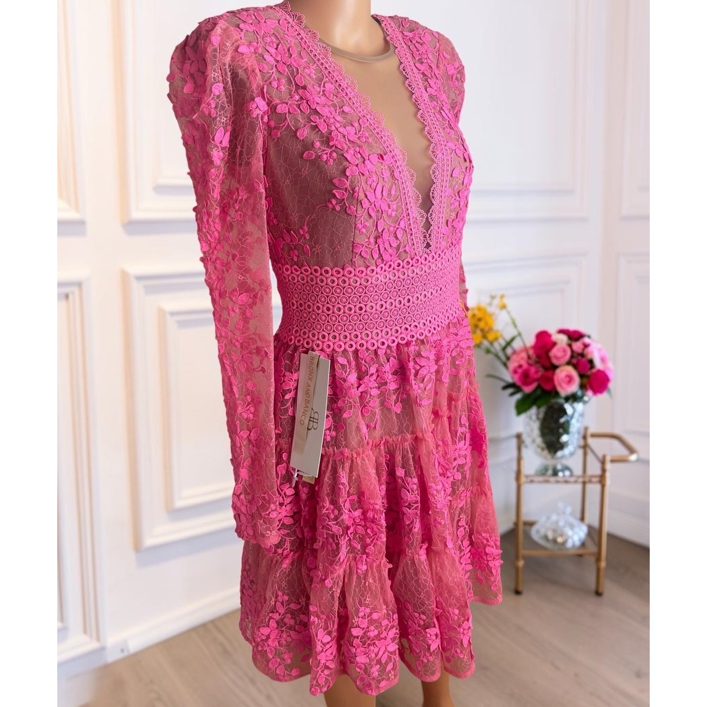 Nwt Bronx And Banco Megan Tiered Guipure Lace Mini Dress Uk/Au 12, Us 8/L